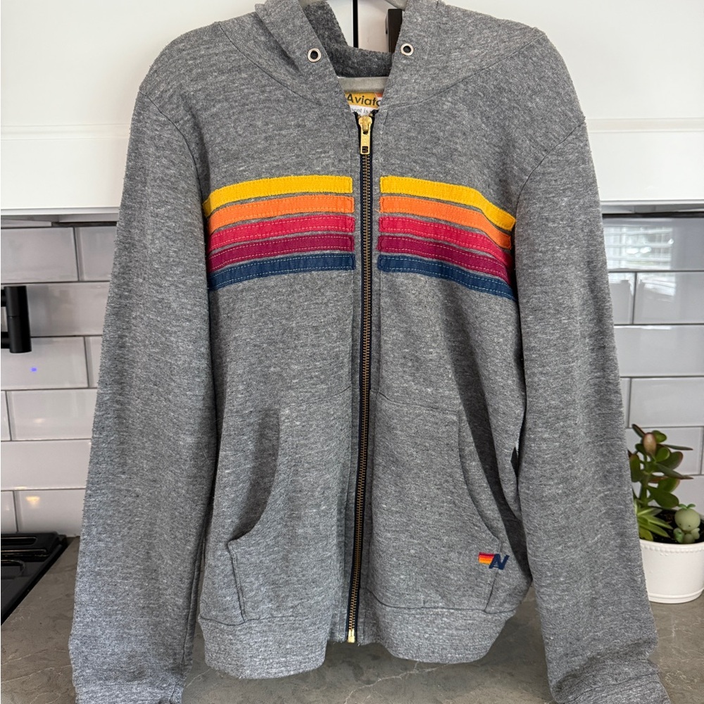 Aviator Nation Gray Hoodie with Vibrant Stripes
